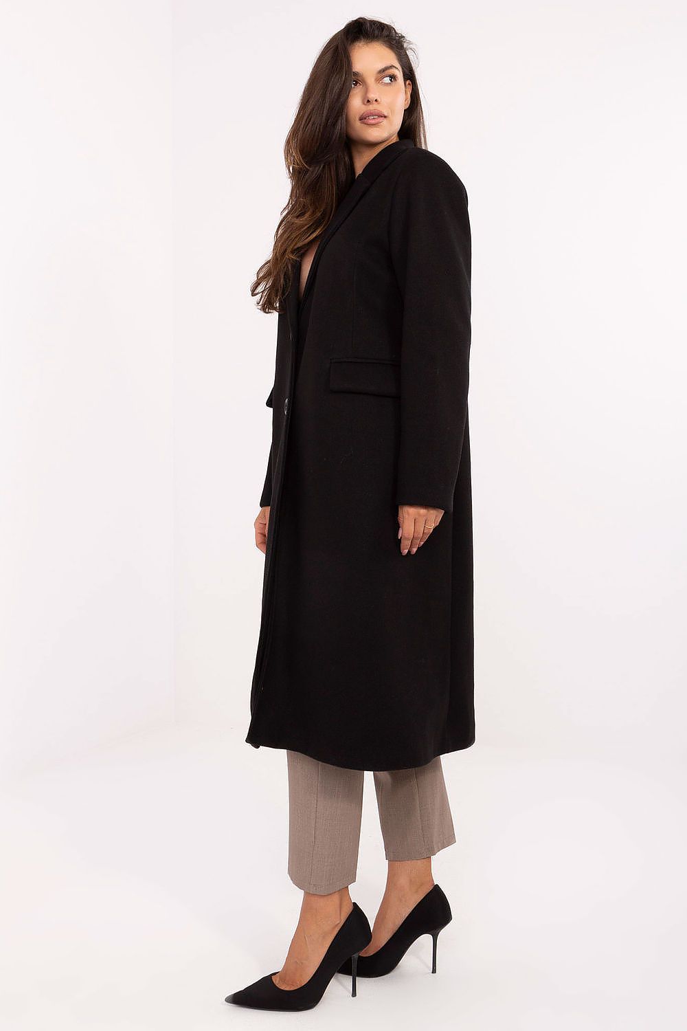 Timeless women's long coat with minimalist style, ideal for transitional seasons, presented by Factory Price.