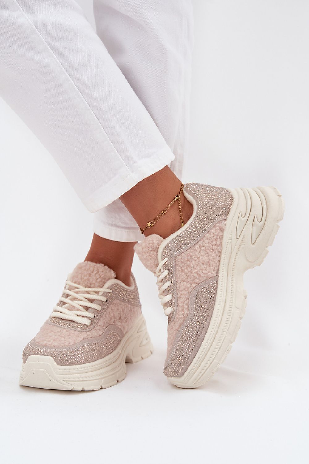 Luxurious women's platform sneakers with sheepskin fur and zircons from Step in Style, perfect for cold weather.