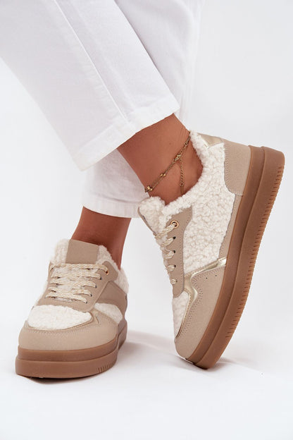 Close-up view of Step in Style's luxury platform sneakers showcasing the soft sheepskin lining and eco-leather upper.