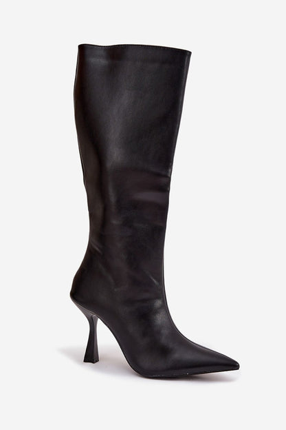 Close-up of the eco leather upper of knee-high stiletto heel boots for women by Step in Style, highlighting the quality craftsmanship and elegant finish suitable for upscale occasions.