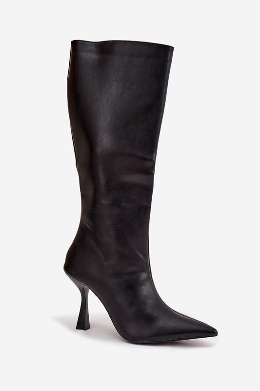 Close-up of the eco leather upper of knee-high stiletto heel boots for women by Step in Style, highlighting the quality craftsmanship and elegant finish suitable for upscale occasions.