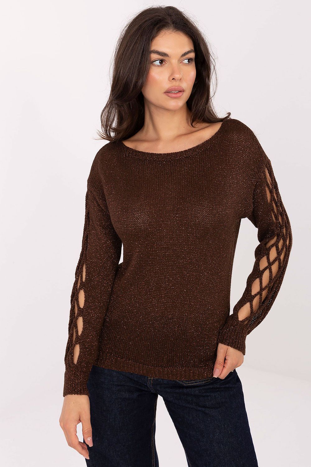 Elegant Italy Moda women's sweater featuring a modern sleeve cut design with subtle metallic yarn, ideal for adding a touch of luxury to any outfit.