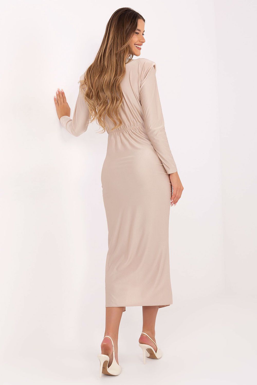 Full view of Italy Moda's stylish pencil midi dress highlighting its smooth fabric draping and sophisticated silhouette.