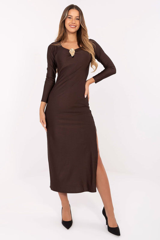 Elegant Italy Moda Midi Pencil Dress in Black with Sweetheart Neckline and Deep Slit, perfect for formal occasions.