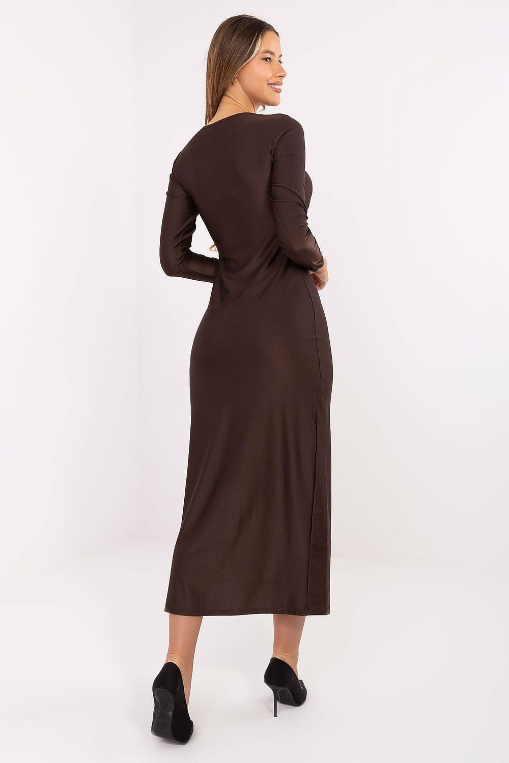 Italy Moda's Classy Black Midi Pencil Dress with thigh-high deep slit, highlighting leg and feminine curves.