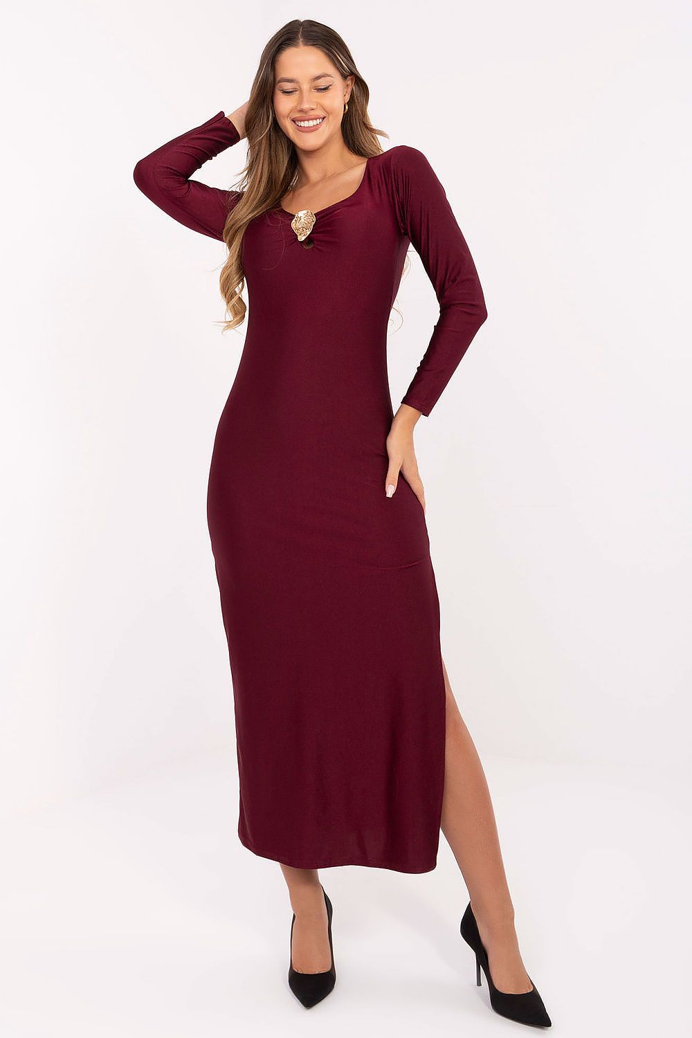Stylish side view of the Italy Moda Midi Pencil Dress demonstrating its sensual deep slit and flattering silhouette.