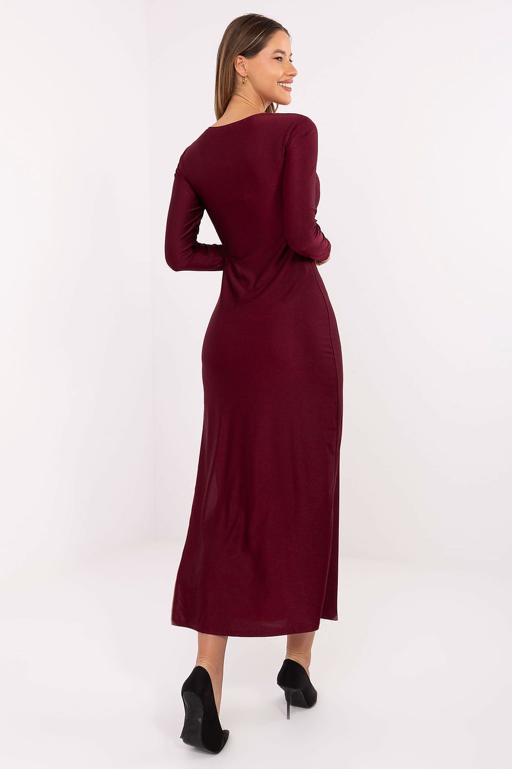 Full view of the Italy Moda Midi Pencil Dress highlighting the elegant drape and refined details suitable for formal events.
