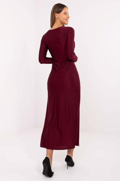 Full view of the Italy Moda Midi Pencil Dress highlighting the elegant drape and refined details suitable for formal events.