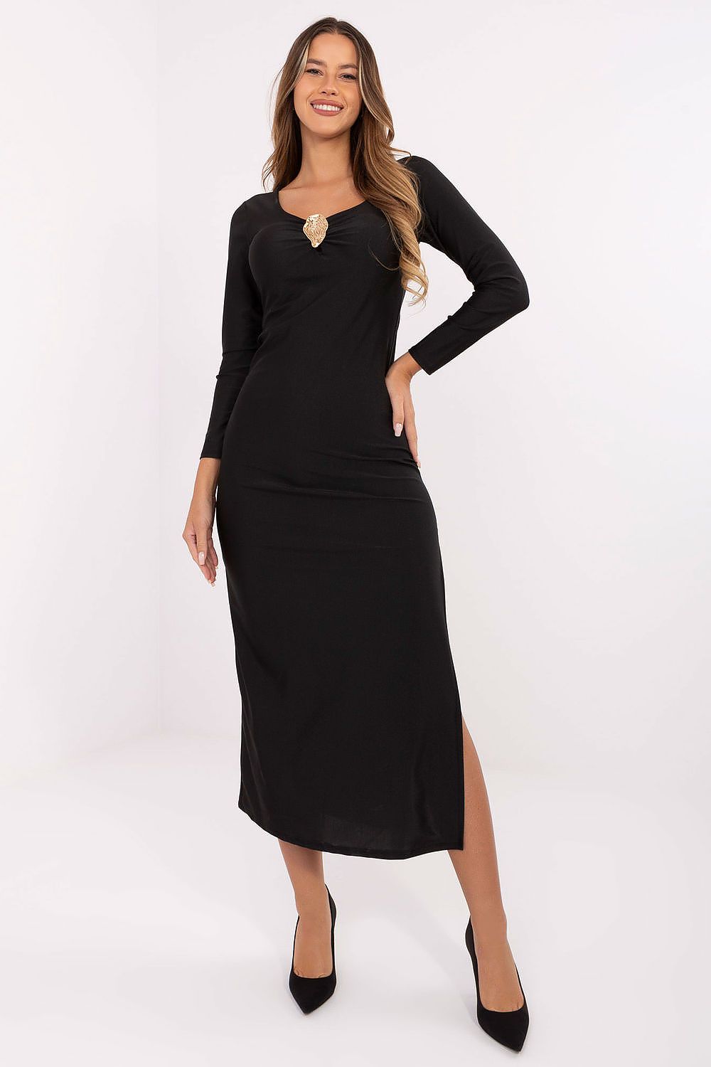Model wearing Italy Moda Elegant Midi Pencil Dress, presenting the dress's fit, fabric texture, and sophisticated style.