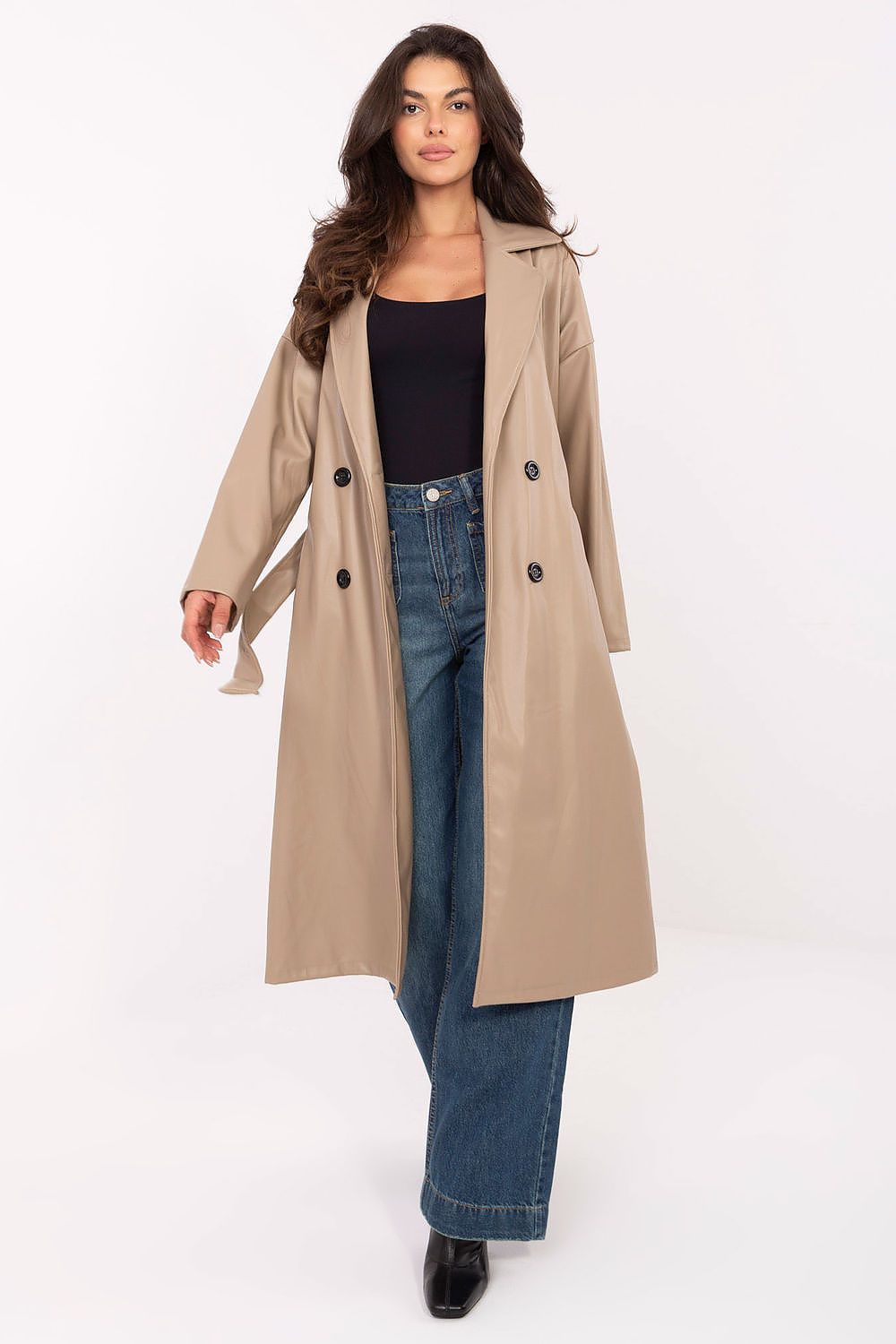 Timeless women's leather coat by Rue Paris, showcasing a luxurious double-breasted design, knee-length cut, and classic lapels, perfect for elegant autumn styling.