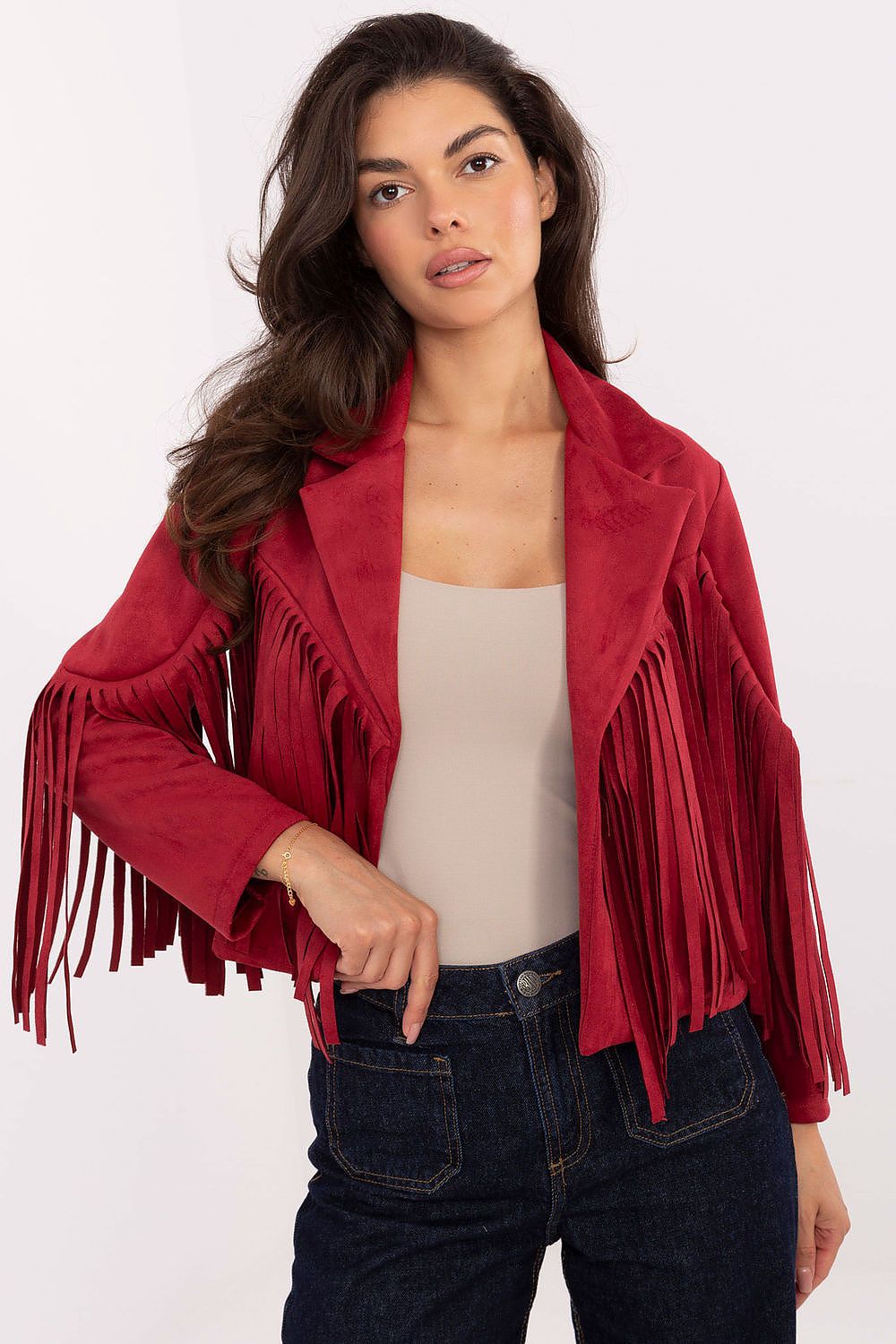 Rue Paris Women's Casual Transitional Jacket featuring elegant fringe details, perfect for autumn to spring styling in size EU 0.