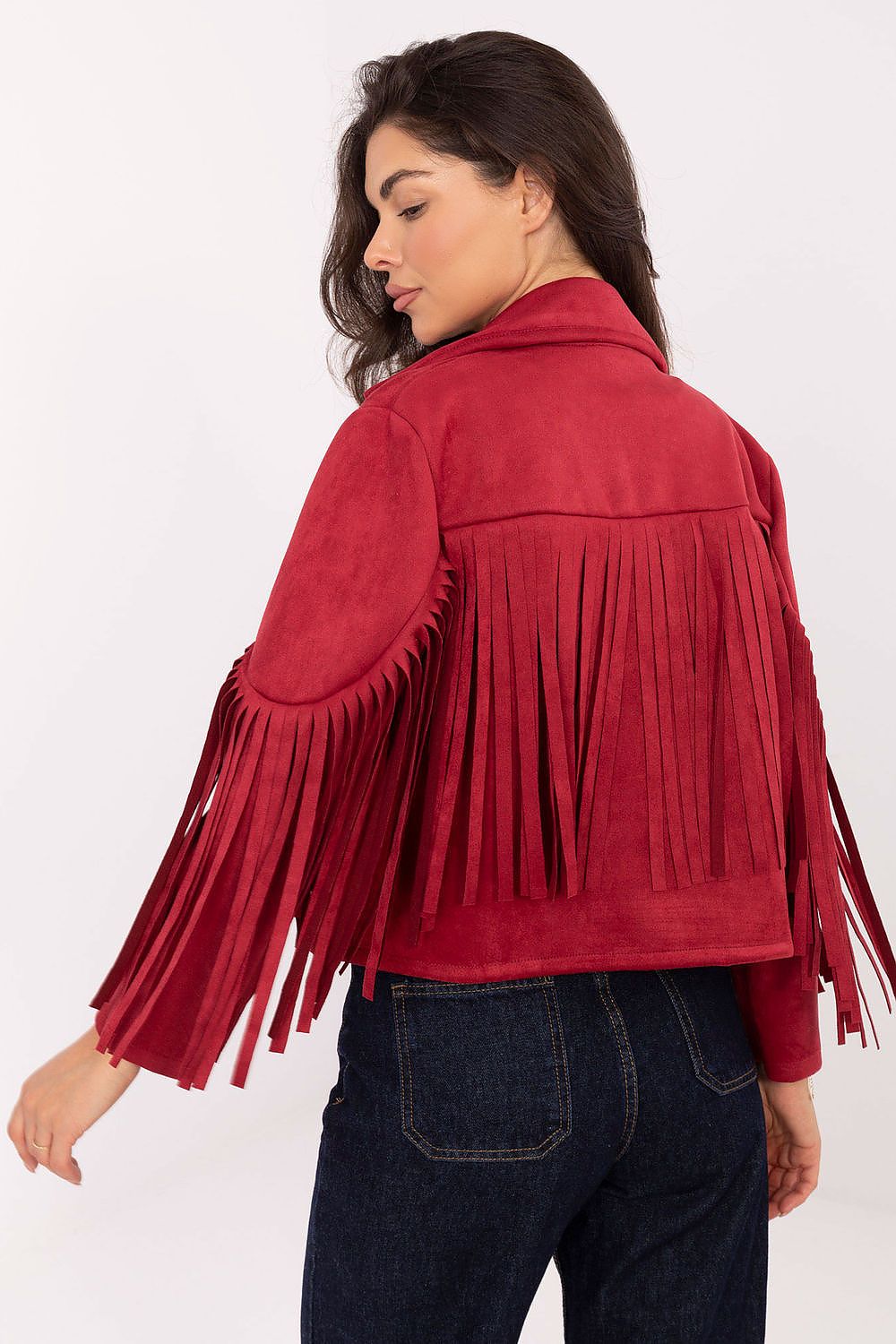 Elegant Rue Paris women's casual transitional jacket featuring unique fringe details, perfect for stylish autumn to spring outfits.