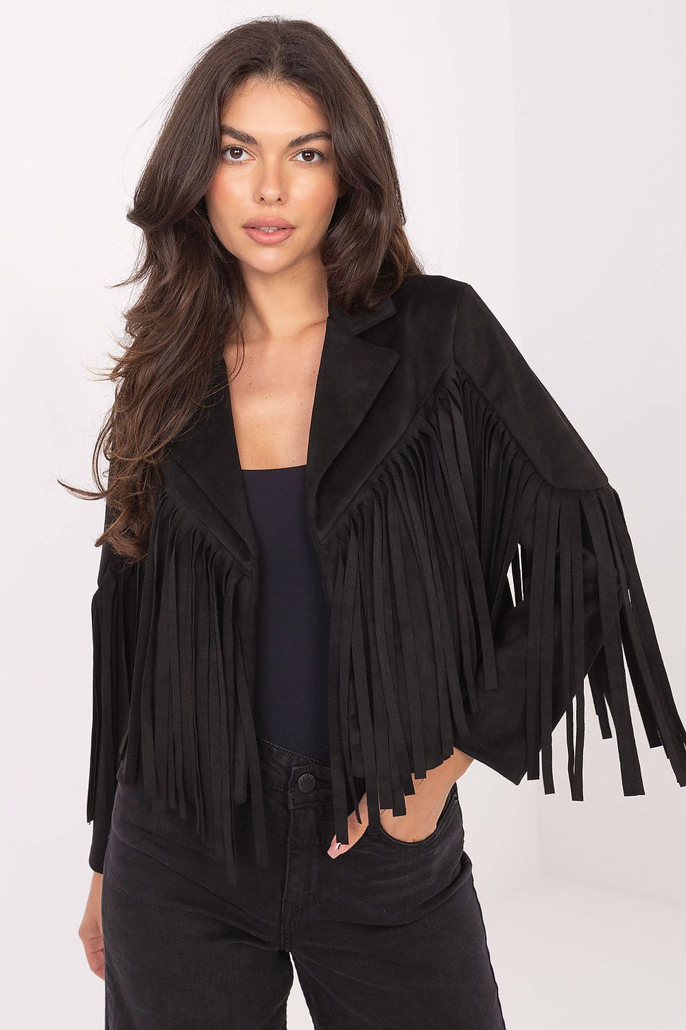 Chic Rue Paris transitional jacket for women showcasing a sleek polyester blend with striking fringe accents, ideal for any casual occasion.