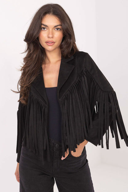 Chic Rue Paris transitional jacket for women showcasing a sleek polyester blend with striking fringe accents, ideal for any casual occasion.