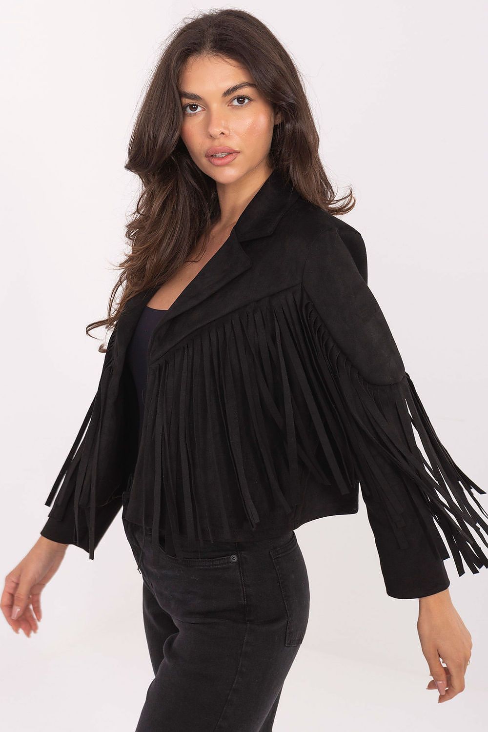 Luxurious Rue Paris women's jacket designed for transitional seasons, combining comfort with eye-catching fringes for a fashionable look.
