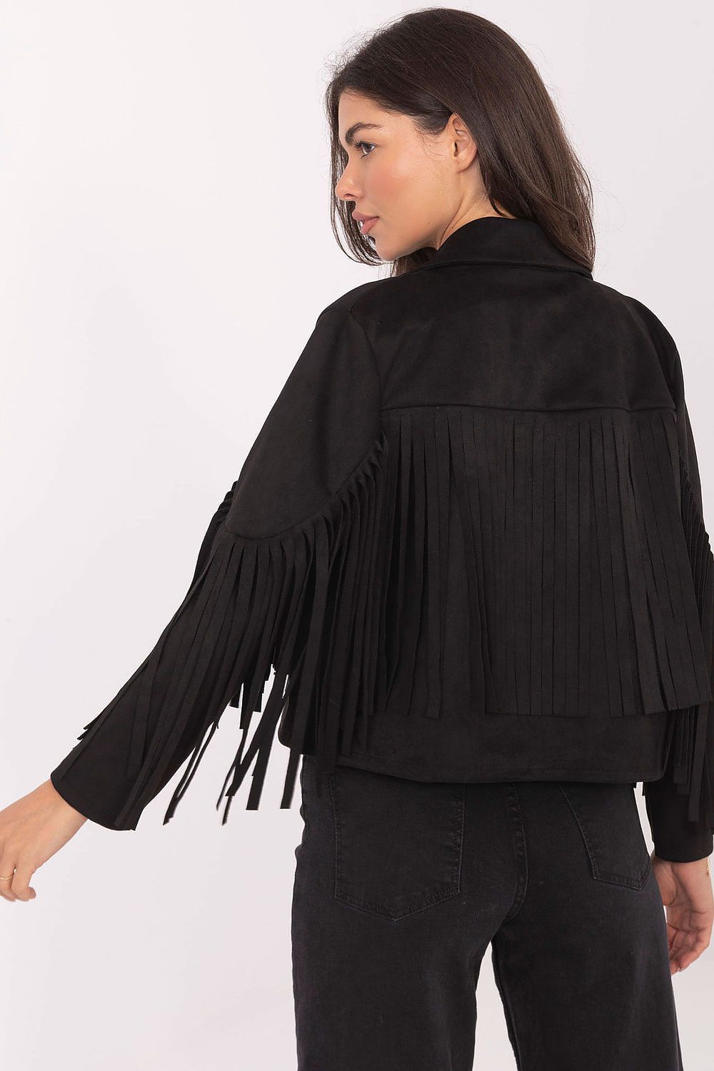 Sophisticated Rue Paris women's jacket with a casual silhouette, embellished with fringes, perfect for a trendy autumn to spring ensemble.