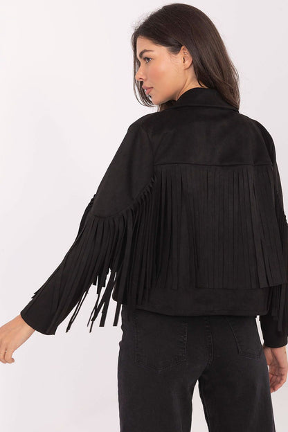 Sophisticated Rue Paris women's jacket with a casual silhouette, embellished with fringes, perfect for a trendy autumn to spring ensemble.