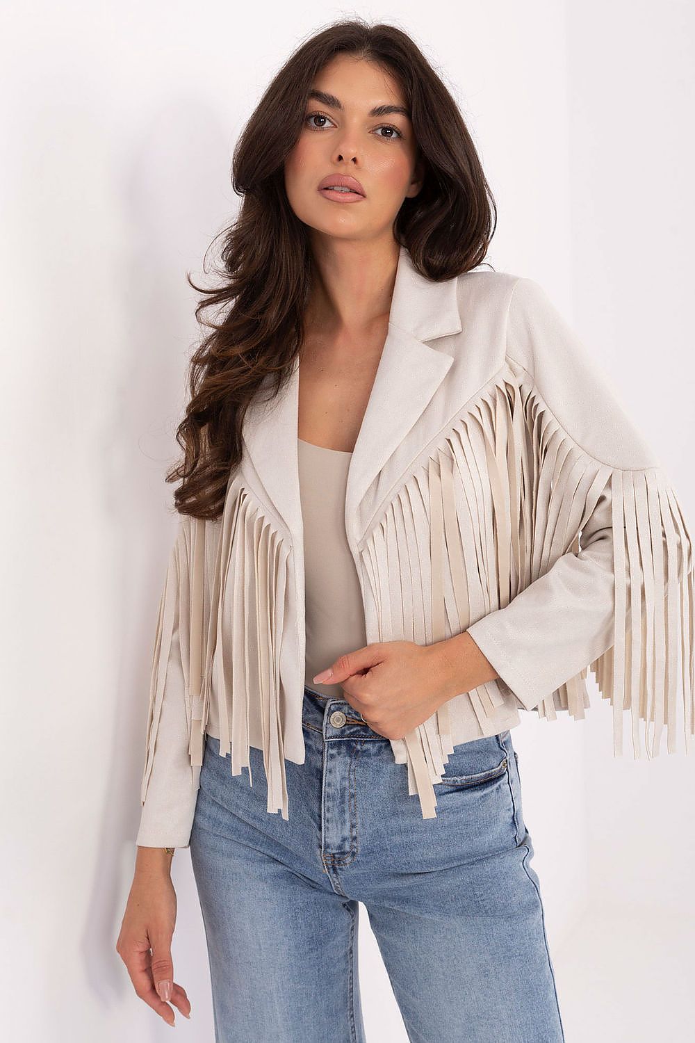 Fashion-forward Rue Paris women's transitional jacket with timeless collar and fringe details, a must-have for chic seasonal wear.