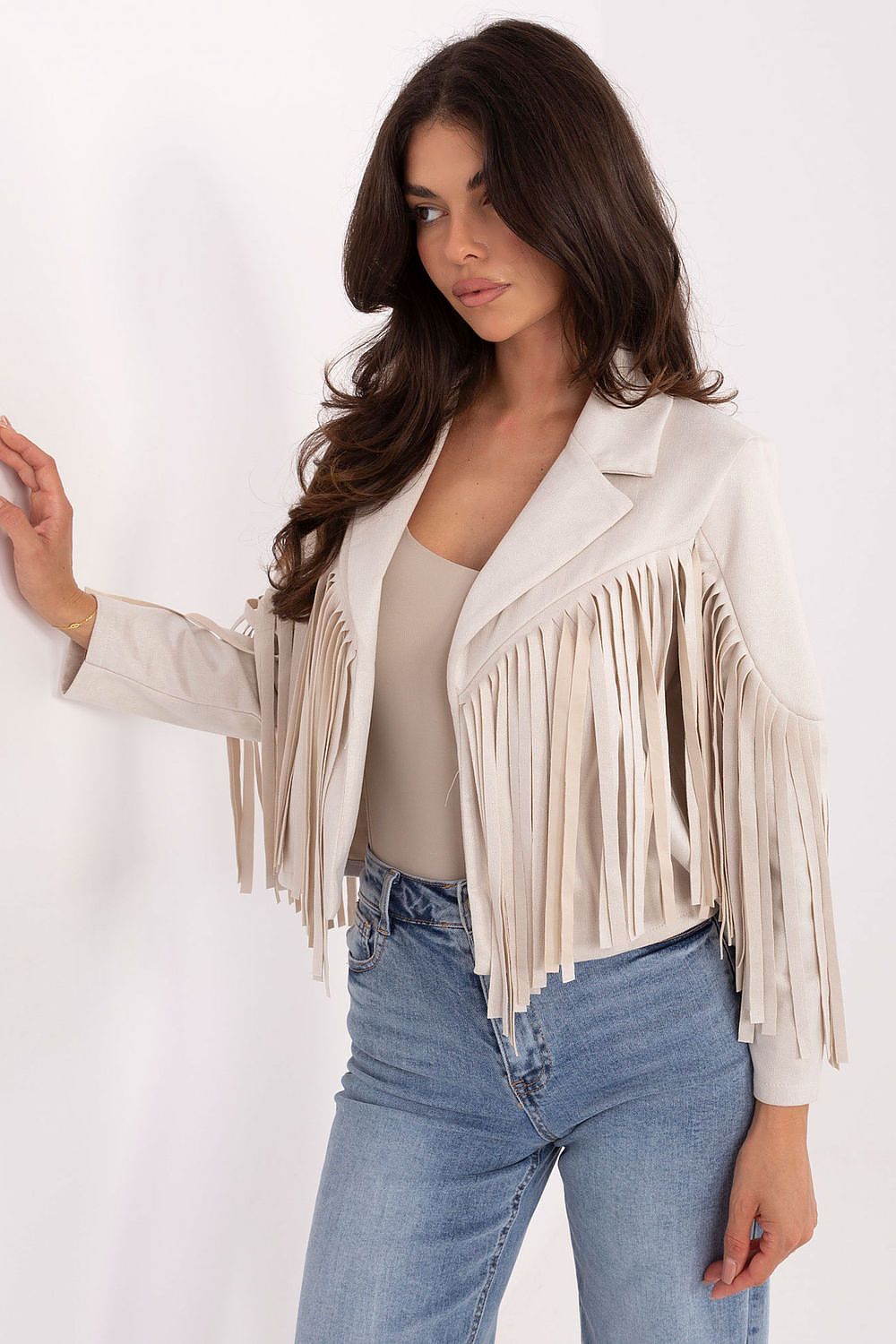 Rue Paris Women's Casual Transitional Jacket with Fringe Details displayed elegantly, showcasing its smooth polyester fabric and unique boho-inspired fringe embellishments, perfect for stylish autumn to spring wear.