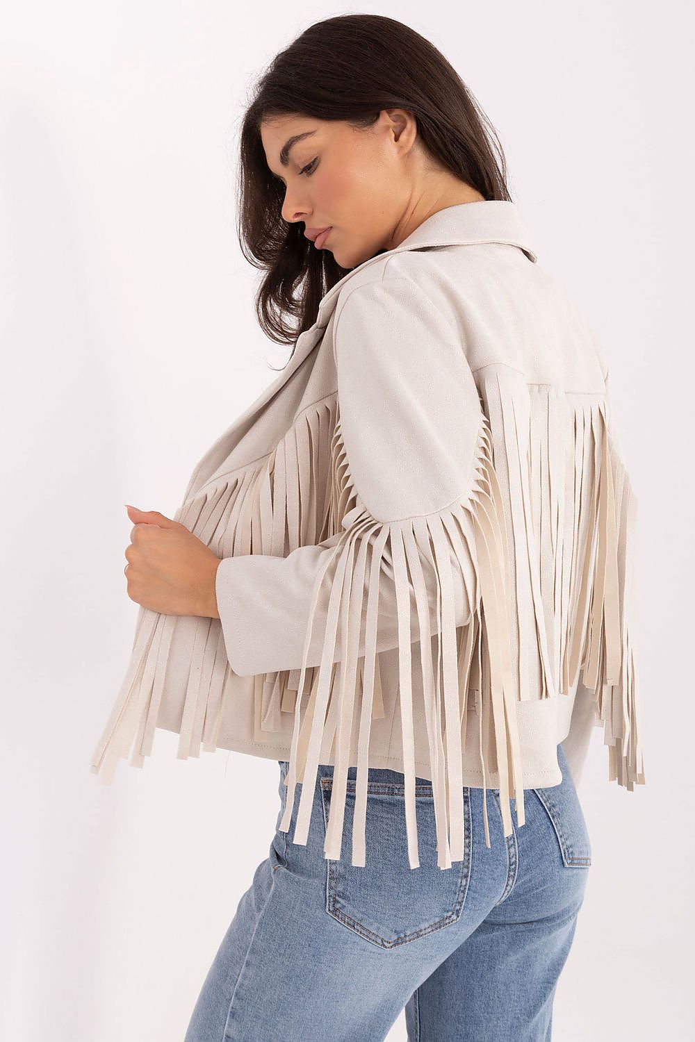 Close-up view of Rue Paris Women's transitional jacket highlighting the classic collar and fringe accents, combining comfort and a luxury aesthetic for everyday fashion.