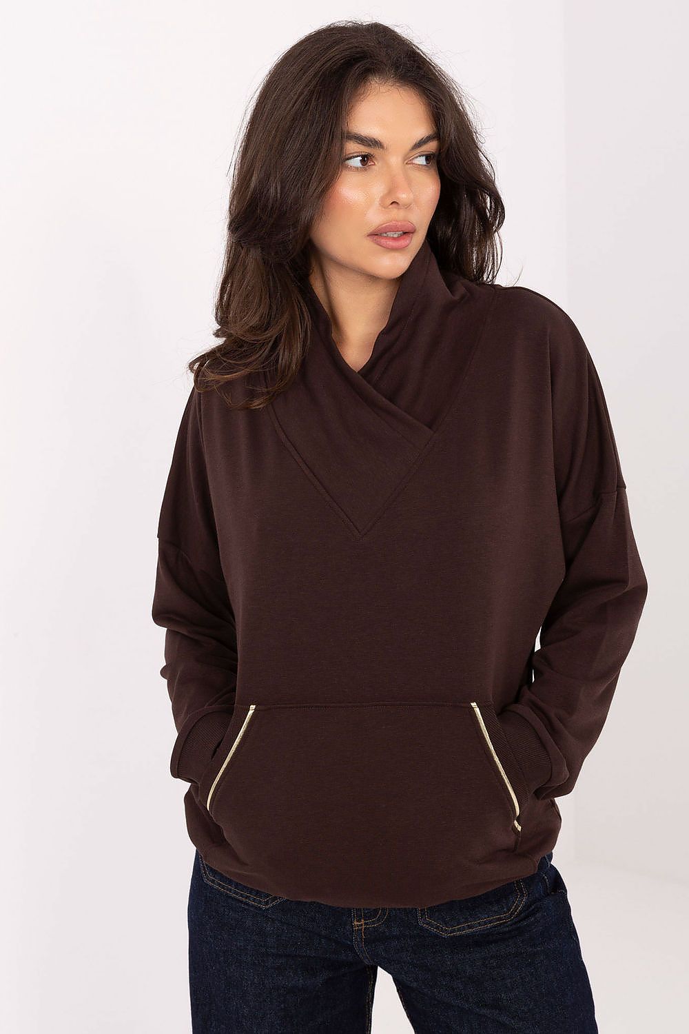 Rue Paris Women's luxury casual sweatshirt in soft cotton blend, featuring long sleeves and a rolled collar for an elegant touch.