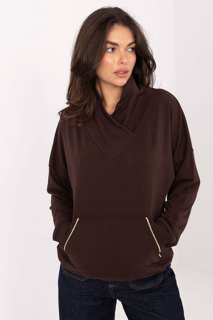 Rue Paris Women's luxury casual sweatshirt in soft cotton blend, featuring long sleeves and a rolled collar for an elegant touch.