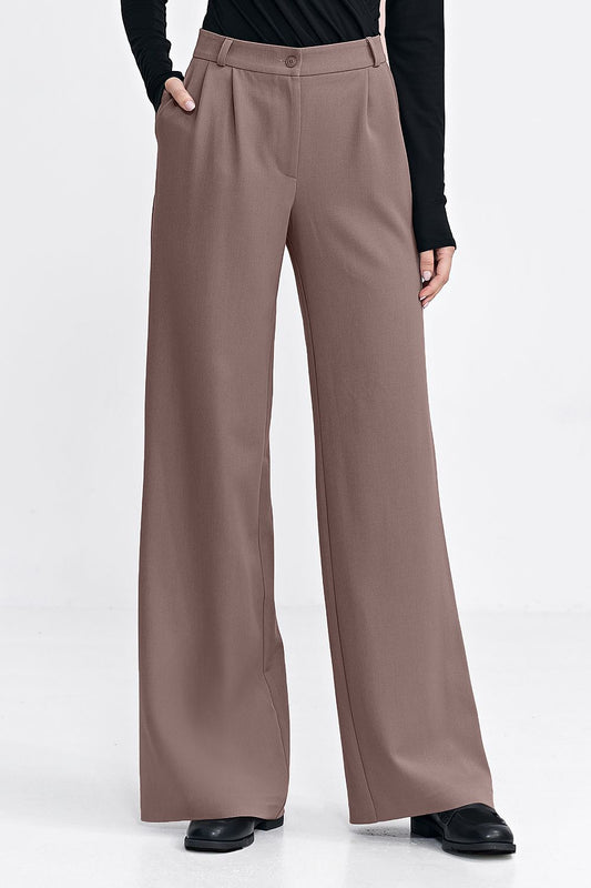 Elegant women's trousers by Nife with a relaxed fit, featuring decorative pleats and a wide leg, ideal for stylish comfort in UK sizes 4-10.