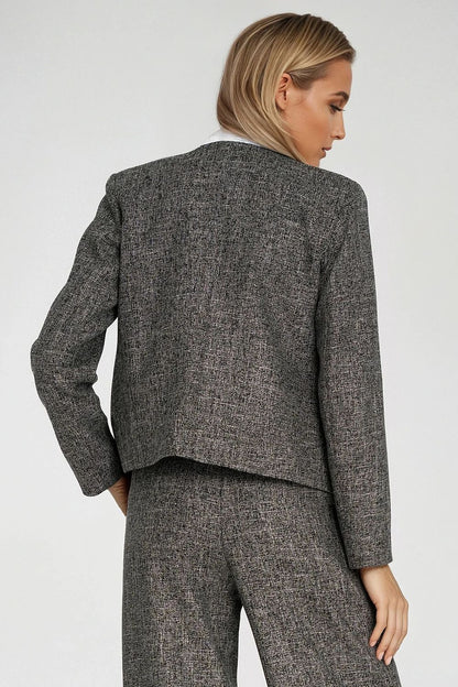 Nife's sophisticated women's boxy jacket, designed with shoulder pads and a unique melange effect, suitable for both formal and casual occasions.