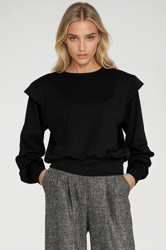 Luxurious elegant oversized women's sweatshirt by Nife featuring shoulder pads, round neckline, and dropped shoulder design, perfect for a stylish casual look. Available in sizes EU 36 to 42.