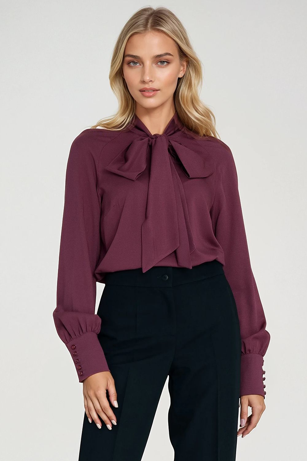 Elegant long sleeve viscose women's blouse with scarf tie by Nife, designed for sophistication and comfort, ideal for work or special occasions.