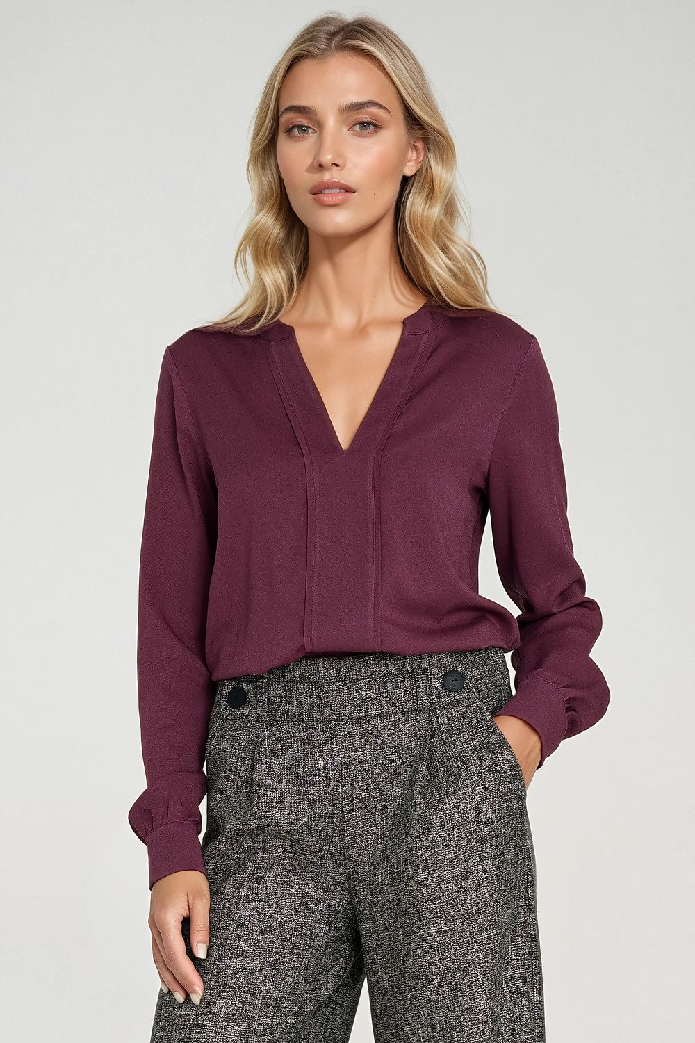 Sophisticated Nife women's blouse crafted from breathable viscose, featuring an elegant V-neckline with a stylish pleat, available in sizes EU 36-42, perfect for timeless fashion statements.