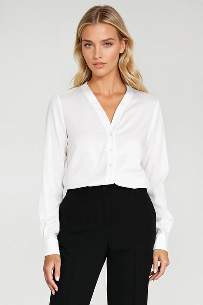 Elegant Viscose Long Sleeve Shirt by Nife featuring a flattering V-neckline, perfect for a sophisticated wardrobe.
