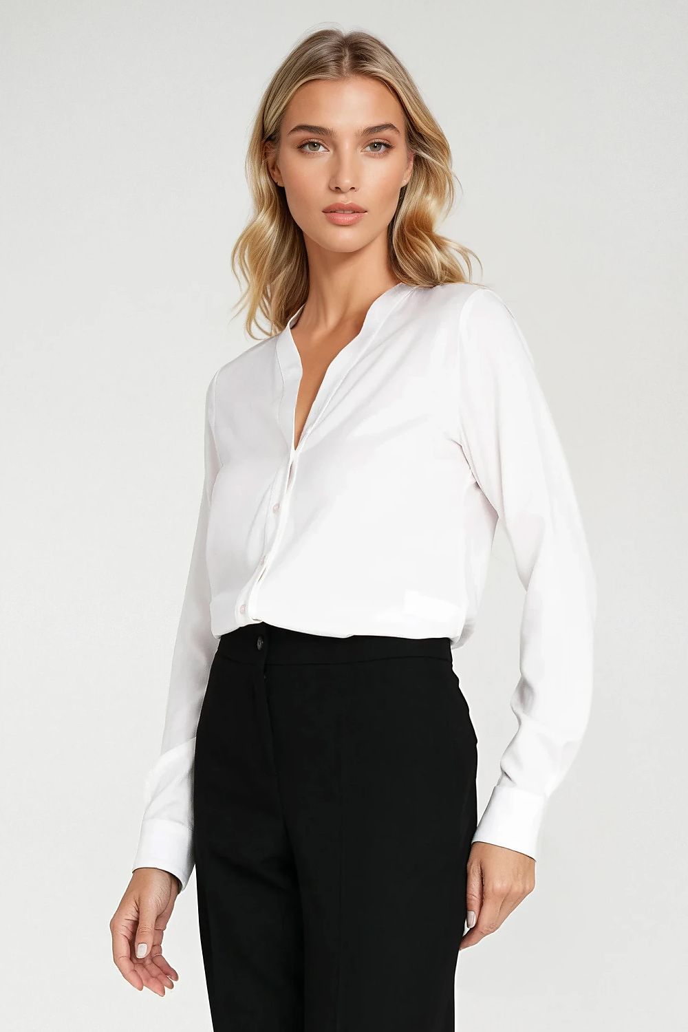 Elegant women's viscose long sleeve shirt by Nife with a V-neckline, showcasing minimalist design and available in sizes EU 36-42 for a sophisticated casual or formal look.
