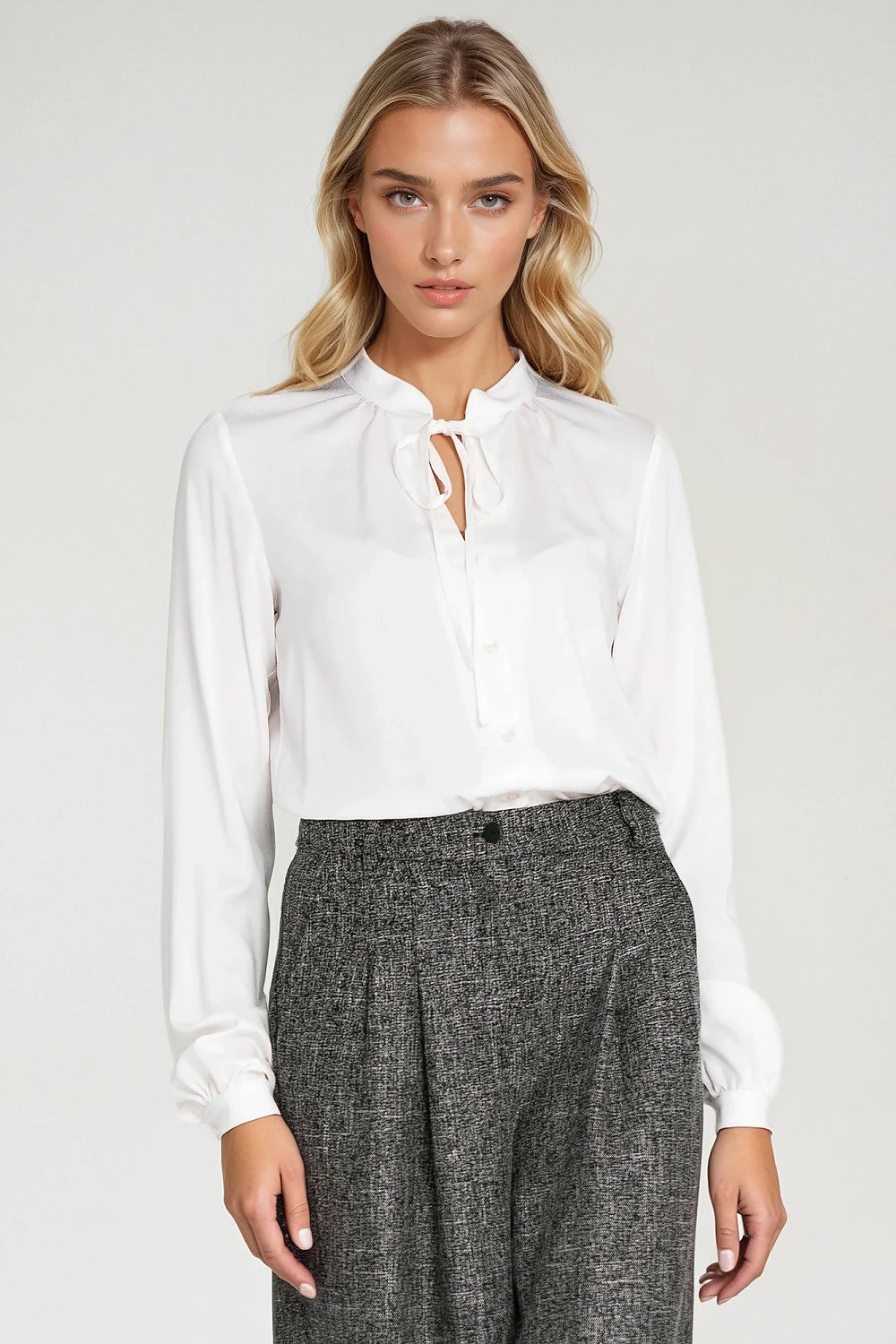 Elegant long sleeve viscose shirt with neck tie and slit neckline by Nife, showcasing a luxurious feminine design in EU sizes 36-42.