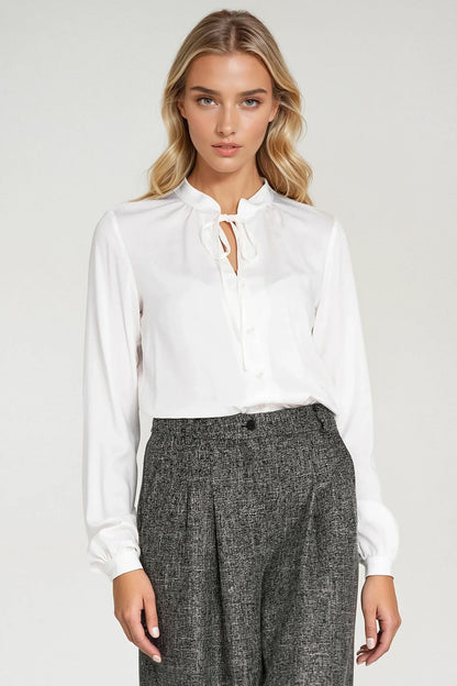 Elegant long sleeve viscose shirt with neck tie and slit neckline by Nife, showcasing a luxurious feminine design in EU sizes 36-42.