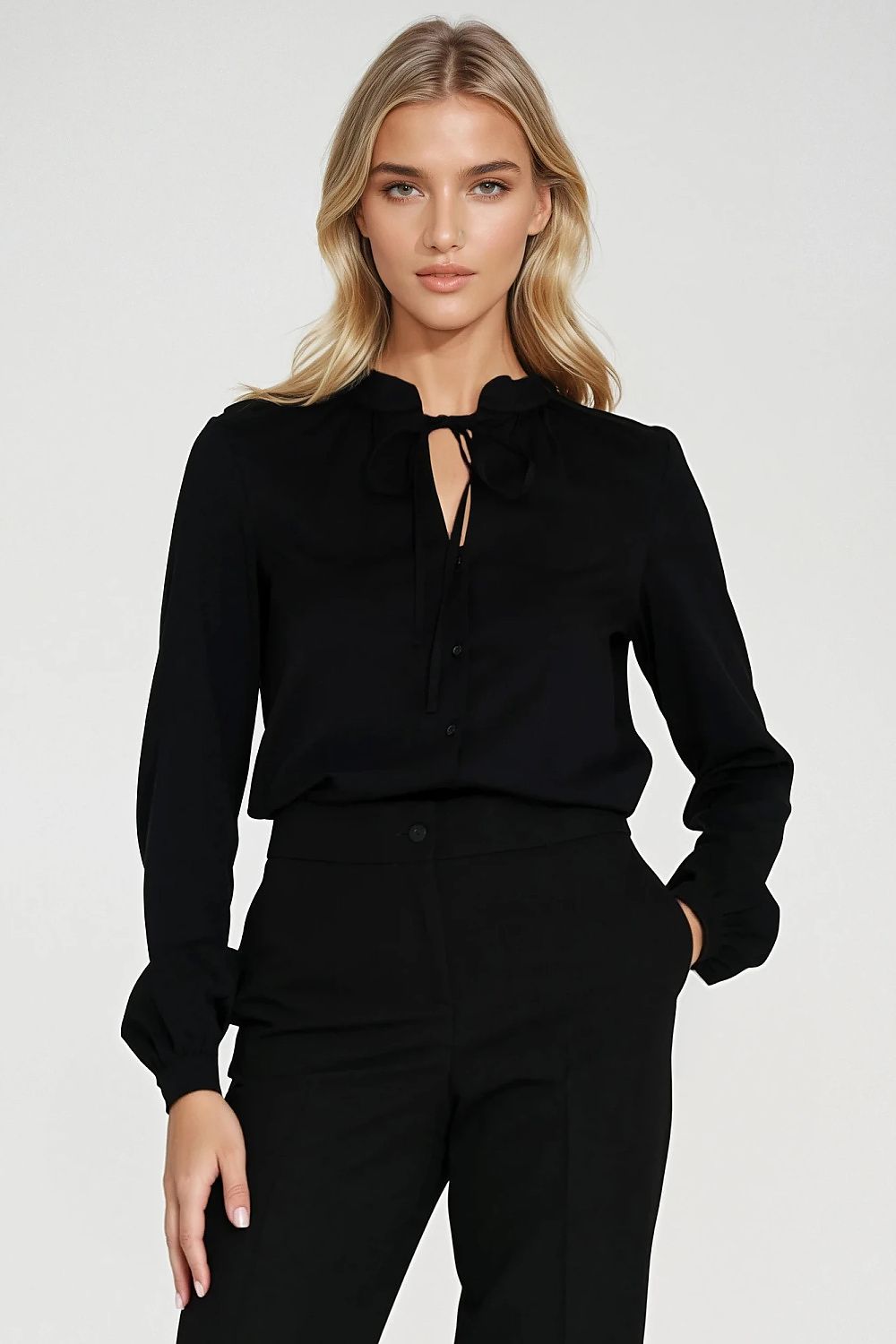 Elegant long sleeve viscose shirt by Nife featuring a stylish neck tie and a slit neckline, perfect for a sophisticated and feminine outfit.