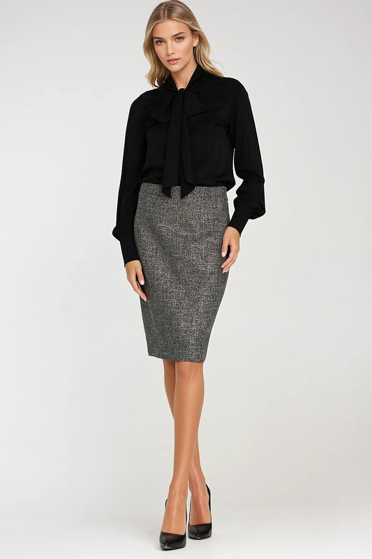 Elegant knee-length women's skirt by Nife featuring a unique mottled texture and decorative back zipper, perfect for sophisticated office and casual styles.