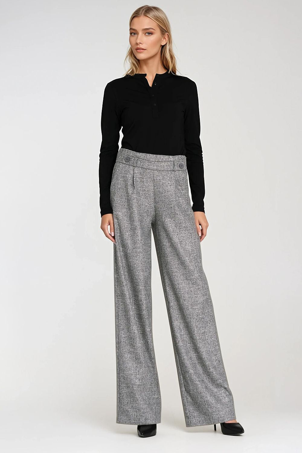Stylish women's wide leg trousers by Nife in mottled texture, designed with a high waist and classic front pockets for a luxurious look.