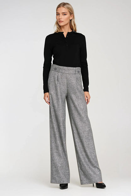 Stylish women's wide leg trousers by Nife in mottled texture, designed with a high waist and classic front pockets for a luxurious look.