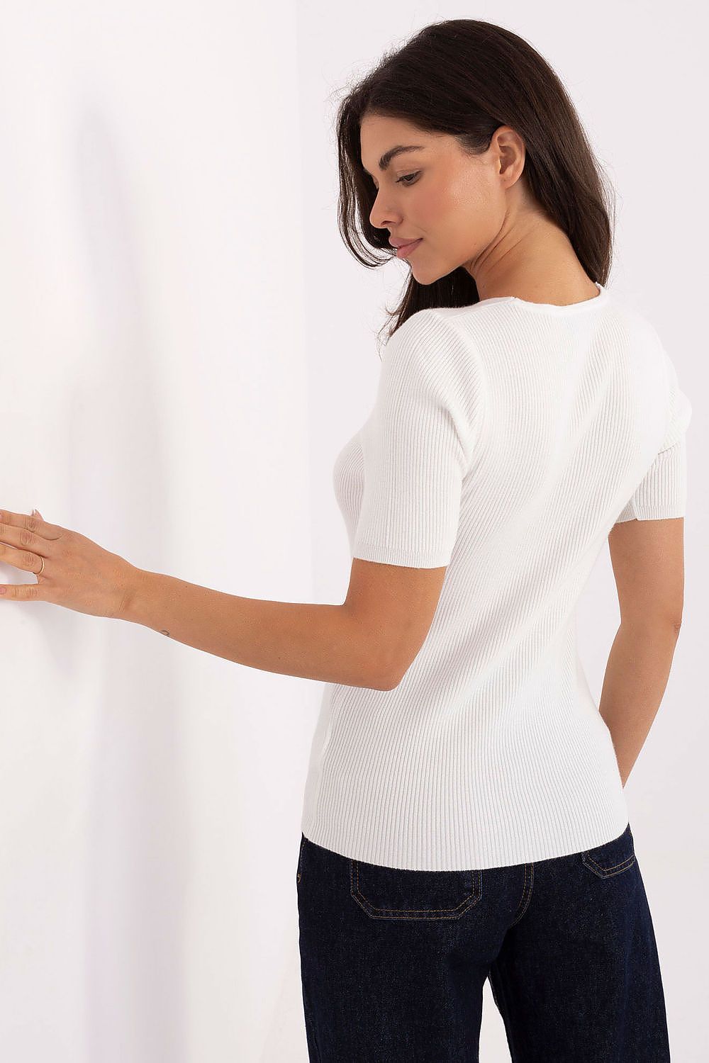 Elegant presentation of the luxury V-neck ribbed sweater by Factory Price, showcasing versatile styling options.