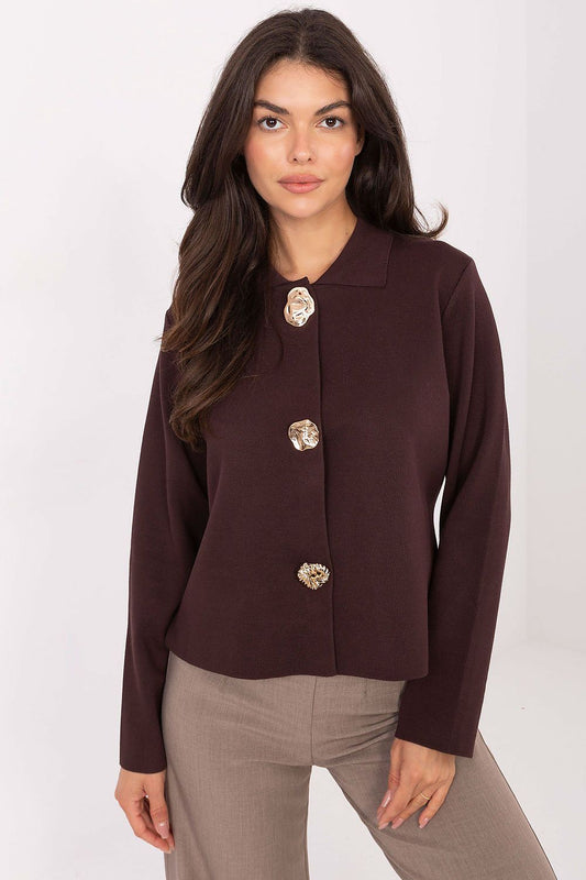 Elegant women's cardigan sweater with brooches, long sleeves, made from a soft viscose and nylon blend by Factory Price, ideal for formal and everyday wear.