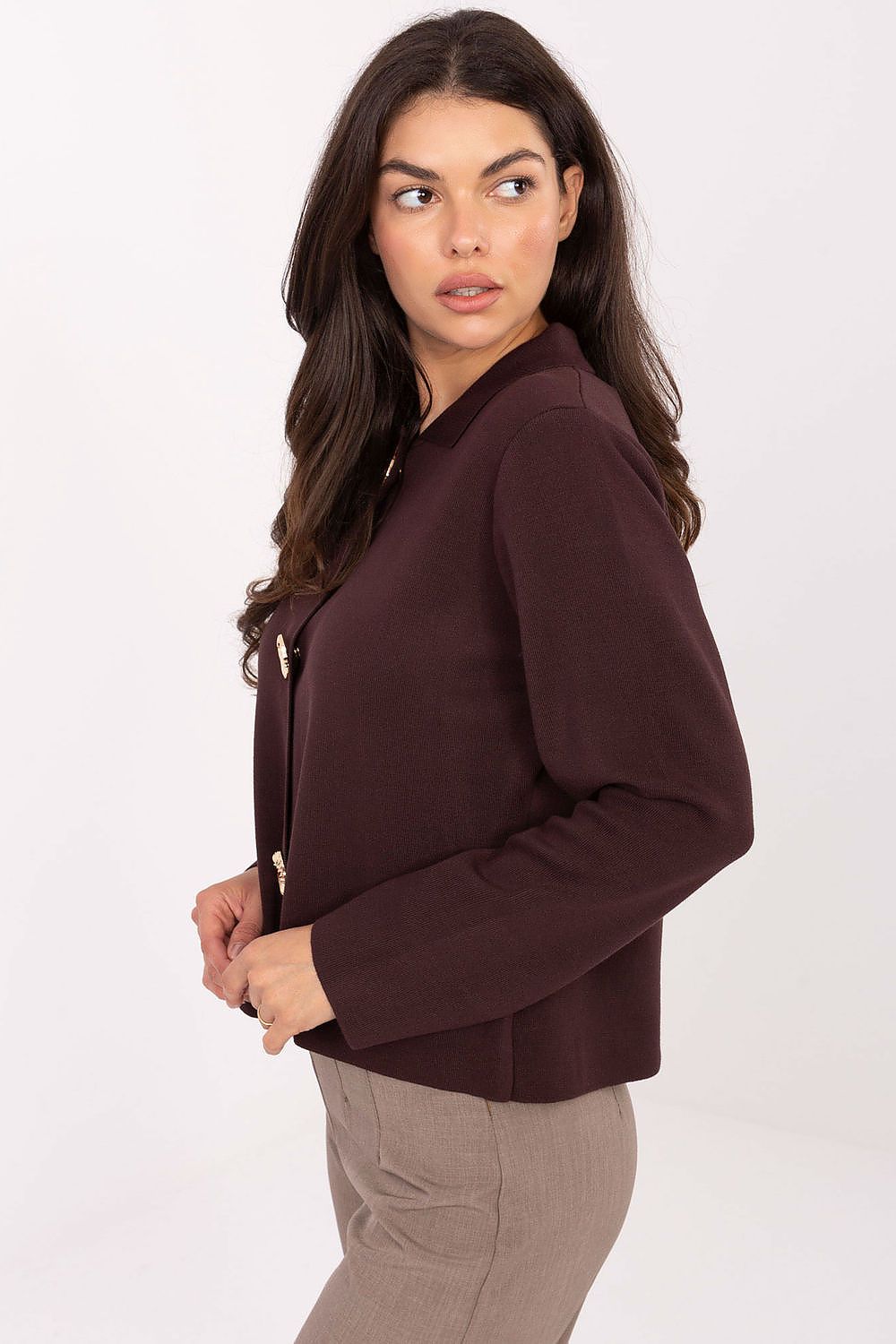 Chic Women's cardigan featuring decorative brooches, crafted with a luxurious viscose and nylon mix, available from Factory Price in EU Size 0.