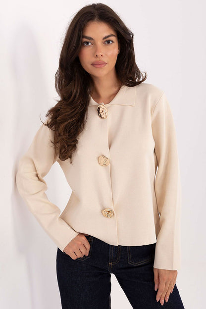 Elegant women's cardigan sweater by Factory Price, featuring decorative brooches and long sleeves, crafted from a soft viscose and nylon blend for a luxurious feel.