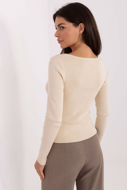 Side view of the elegant women's V-neck sweater in ribbed viscose and elastane by Factory Price, demonstrating its flattering fit and sophisticated design.