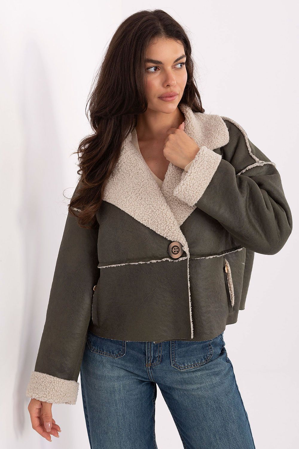 Elegant transitional women's jacket in polyester with stylish button fastening, showcasing a smooth pattern and imitation pockets by Factory Price, a versatile addition to your wardrobe.