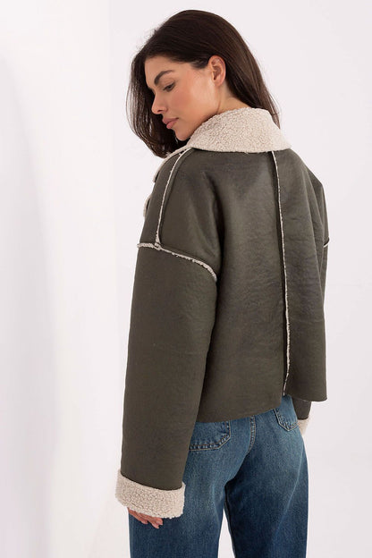 Stylish women's button-up jacket featuring fur details and imitation pockets, designed for casual autumn and winter wear by Factory Price.