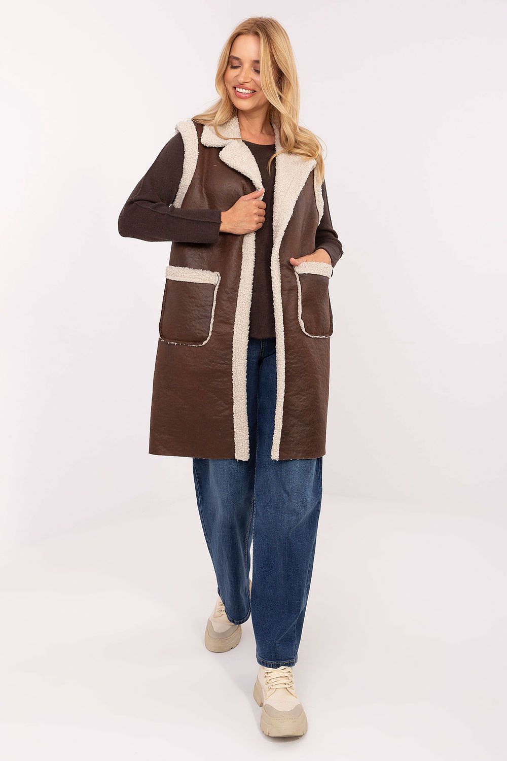 Luxurious longer length women's faux fur vest, tailored for a sophisticated casual look by Factory Price.
