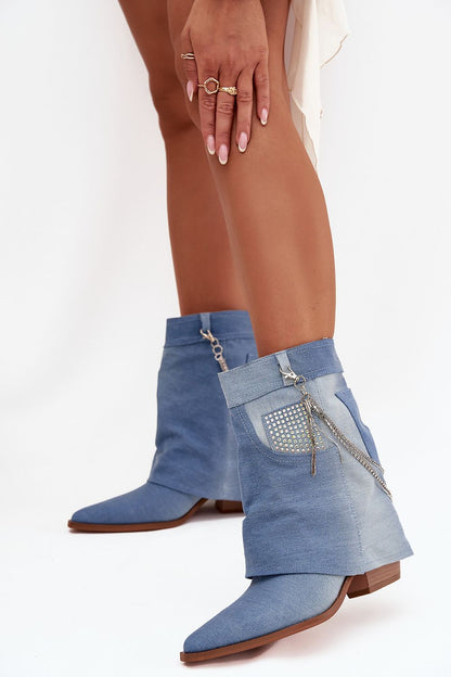 Elegant denim ankle boots for women by Step in Style, featuring a detachable chain, pointed toes, and a stylish 6cm heel, perfect for chic outfits.