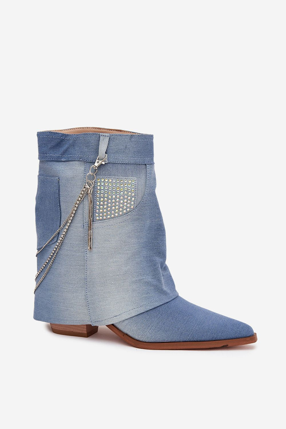 Elegant denim ankle boots for women with stylish detachable chain, featuring a chic design by Step in Style, available in EU sizes 36-41 and 6cm heel height.