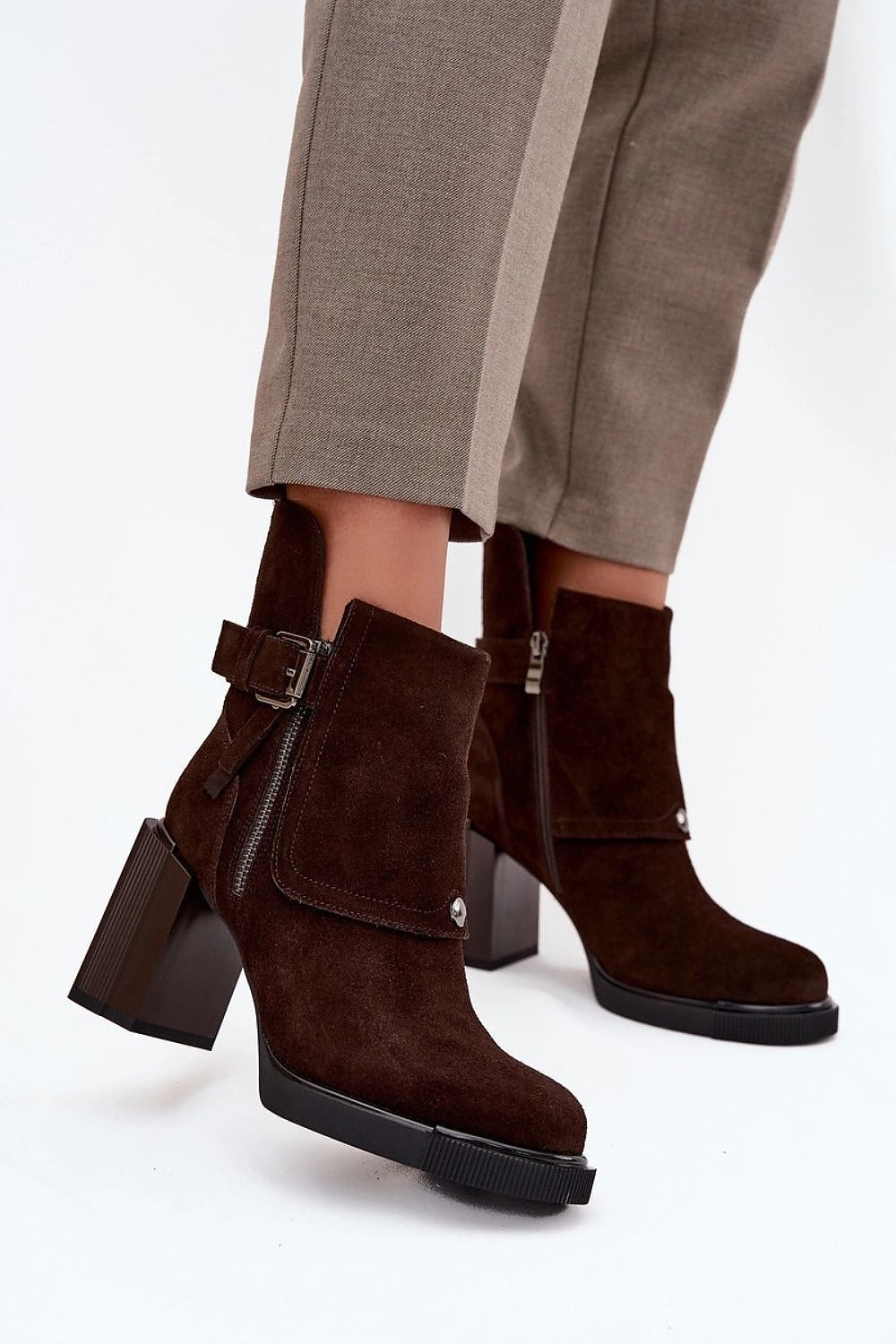 Elegant Vinceza women's suede heel boots featuring a chic zipper and buckle strap, perfect for stylish autumn and winter outfits.